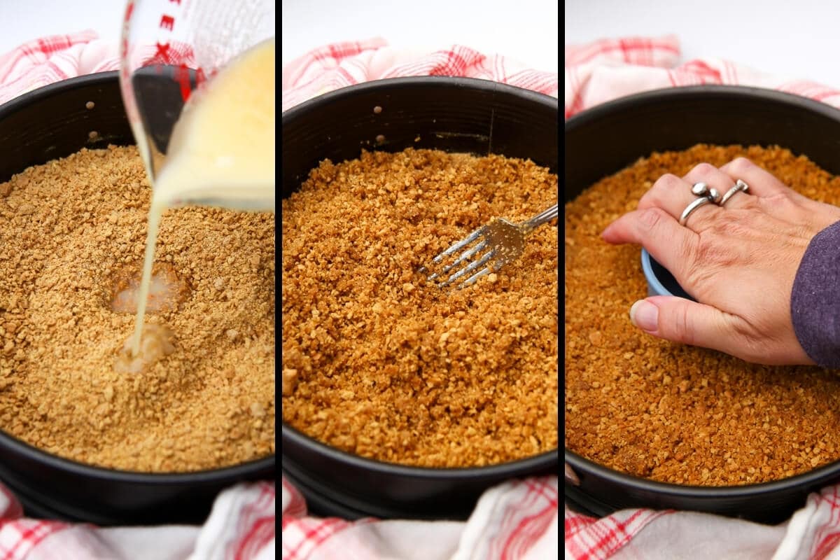 A collage of 3 images that show the process of making vegan graham cracker crumb crust by mixing in the butter and flattening it in the pan.