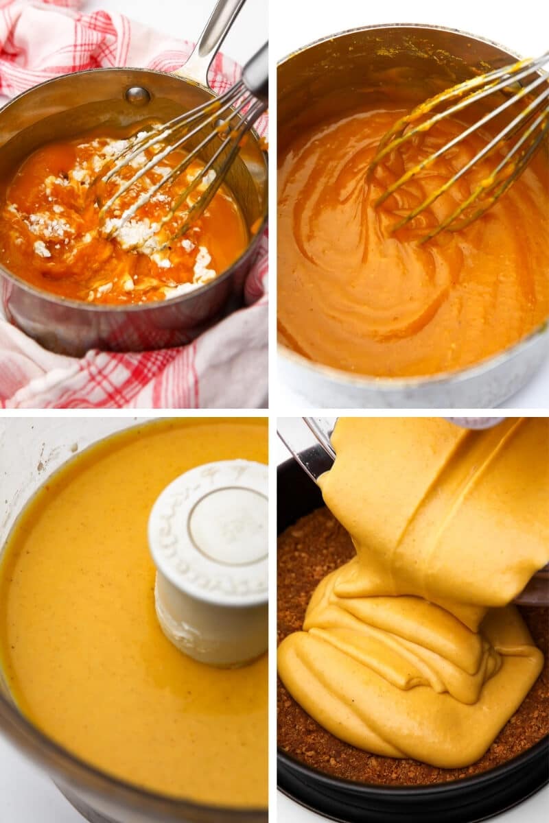 A collage of 4 images showing cooking pumpkin puree on the stovetop and adding it to a cheesecake filling then pouring it into a prepared springform pan.