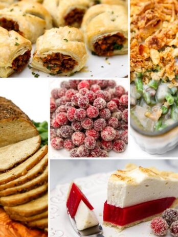 A collage of Thanksgiving recipe images including vegan turkey, green bean casserole, and sugared cranberries.