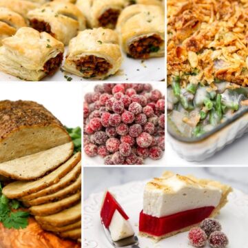 A collage of Thanksgiving recipe images including vegan turkey, green bean casserole, and sugared cranberries.