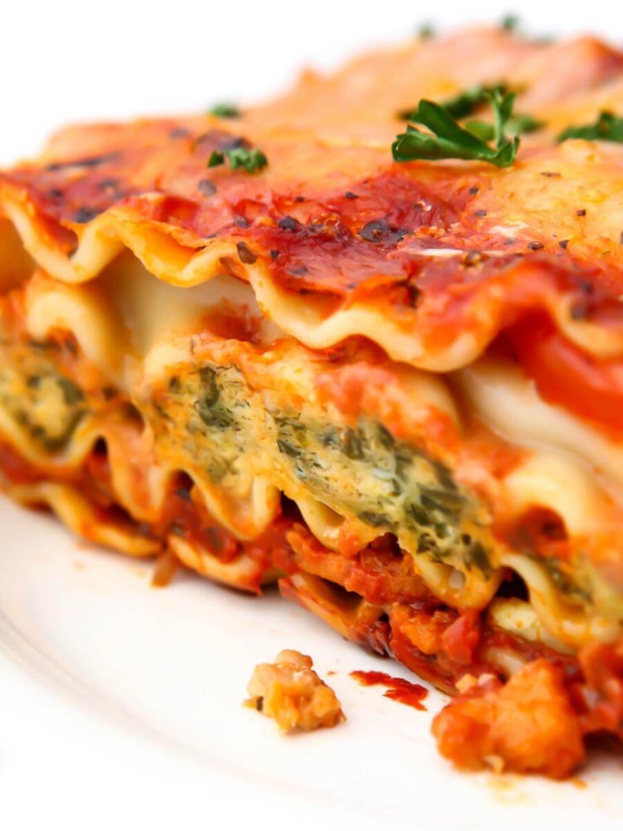 A close up of a slice of vegan lasagna.
