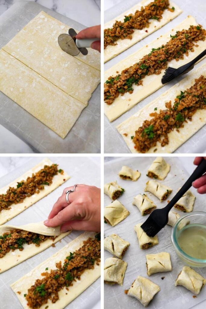 A collage of 4 images showing the process of cutting puff pastry, filling it with vegan sausage, and forming it into rolls before brushing it with an aquafaba egg wash.
