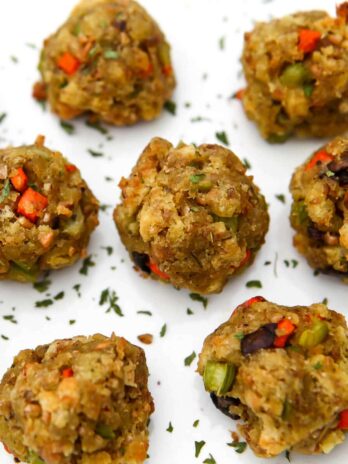 Vegan stuffing balls on a plate.