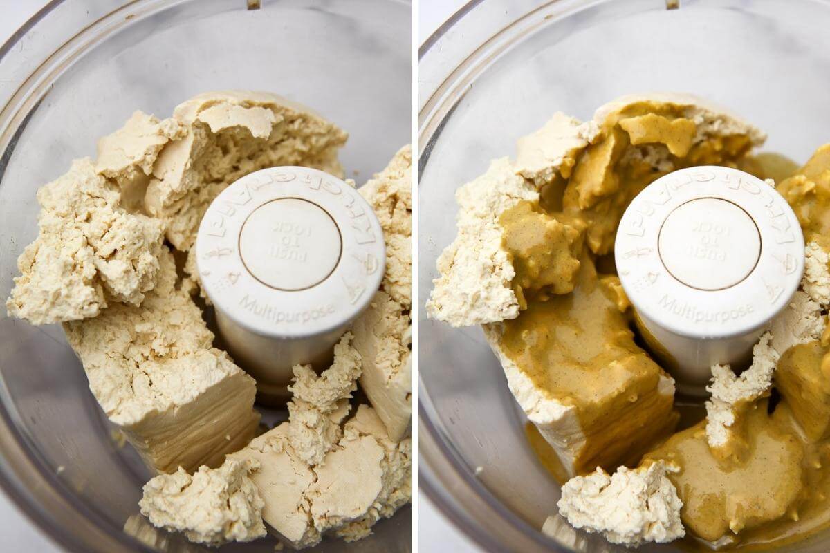 A collage of 2 images showing tofu in a food processor before and after the binding liquid has been poured over it.