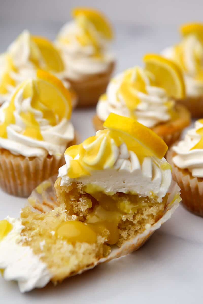 Vegan lemon cupcakes with lemon curd filling.
