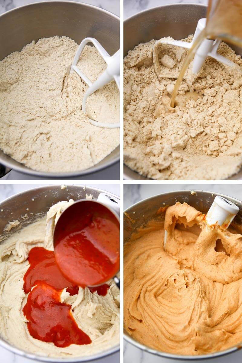 A collage of for imagaes showing how to make the tamale dough from masa harina and adding oil, broth and red chile sauce.