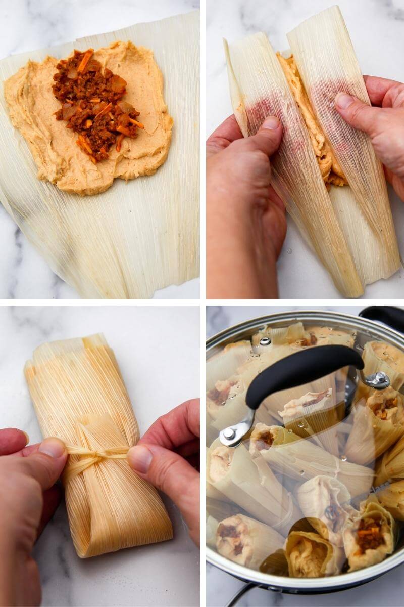 A collage of 4 images showing the process steps for assembling, wrapping, and steaming tamales.