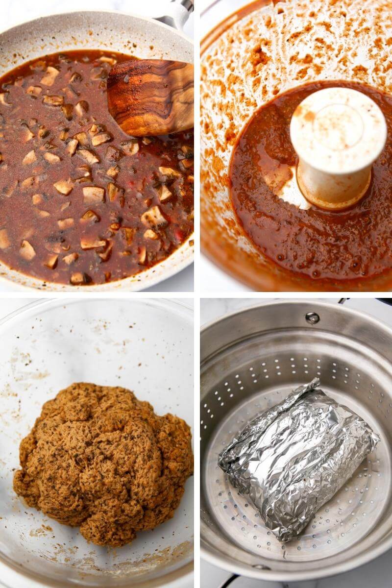A collage of 4 images showing the process steps for making beef seitan.