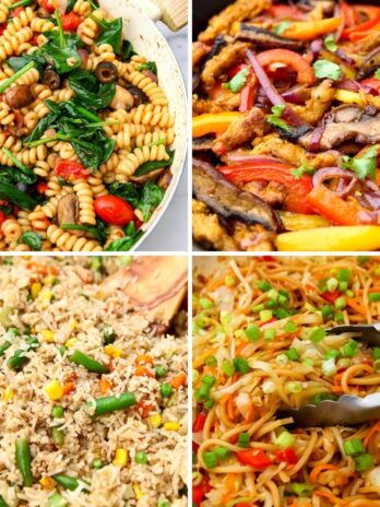 A collage of 4 images of easy vegan meals including pasta salad, fried rice, fajitas, and hakka noodles.