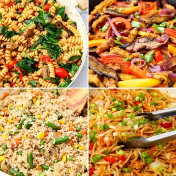 A collage of 4 images of easy vegan meals including pasta salad, fried rice, fajitas, and hakka noodles.