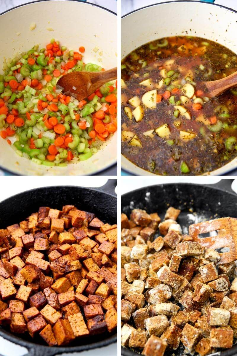 A collage of 4 images showing cooking onions, carrots, and celery, adding vegan beef flavored broth, then sauting beef seitan and coating it with flour before adding it to the stew.