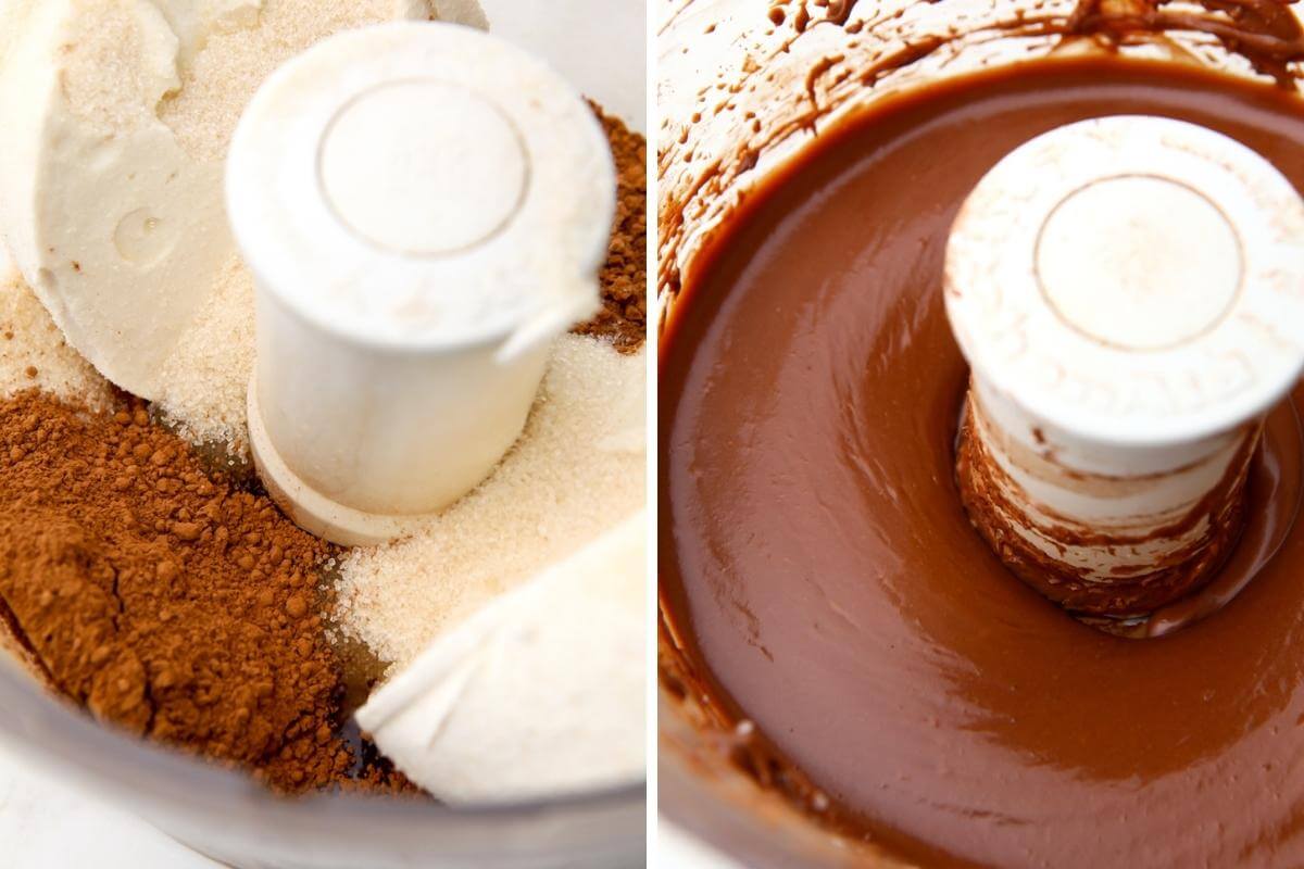 The ingredients for a vegan chocolate cheesecake before and after blending.