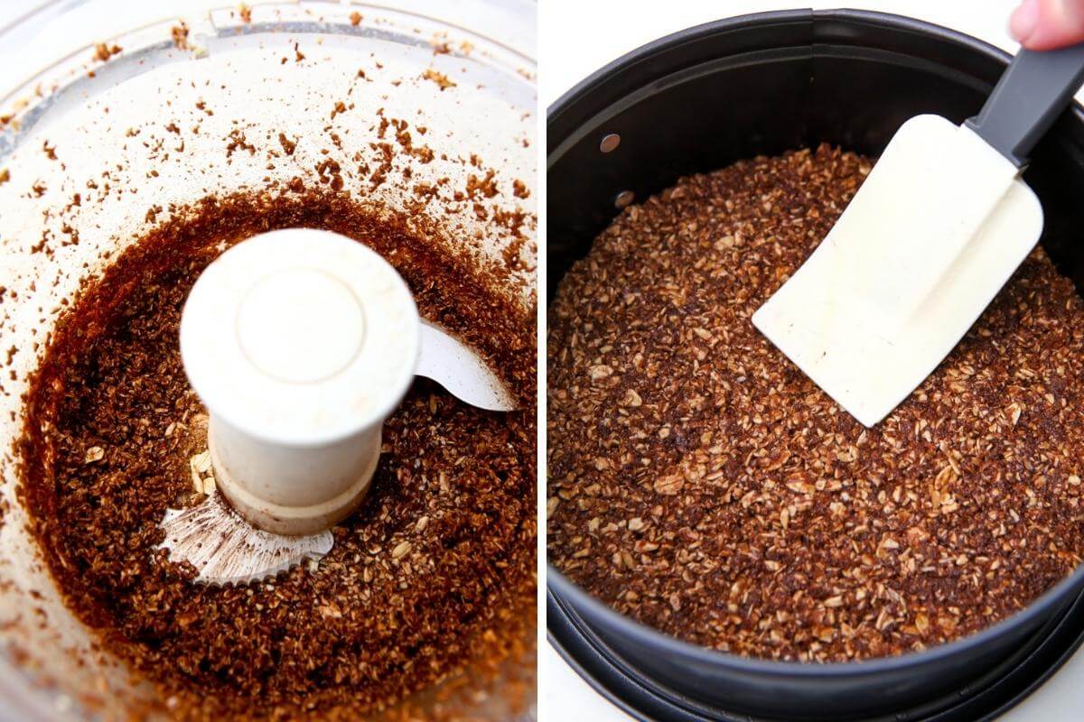 The gluten-free chocoalte crumb crust for a vegan cheesecake.