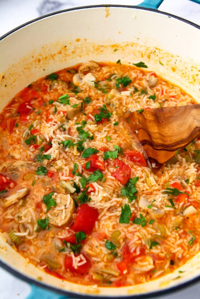 A pot of Creole style vegan jambalaya.