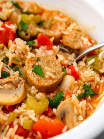 A close up of a bowl of vegan jambalya.