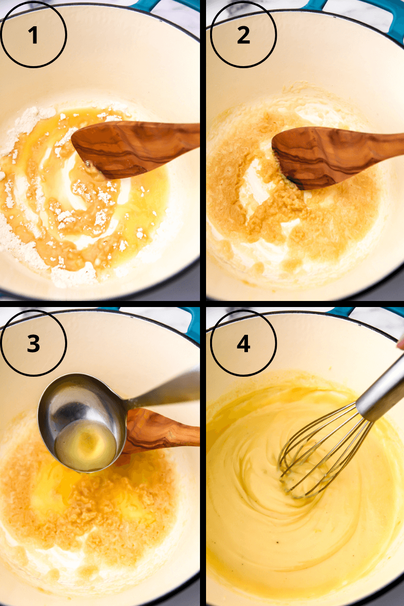 A collage of 4 images showing how to make a vegan roux for making cream soups and adding broth.