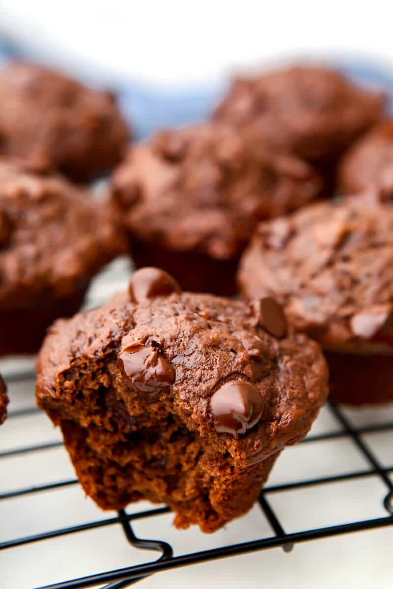 A vegan chocolate muffin with a bite taken out of it and more muffins behind it.