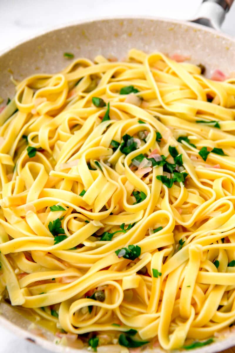 Noodles in a vegan piccata sauce.
