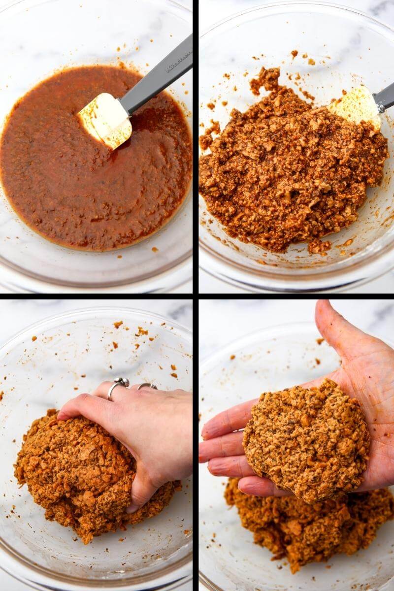 Four images showing the process of mixing the mushroom broth, TVP and wheat gluten to form vegan burger patties.