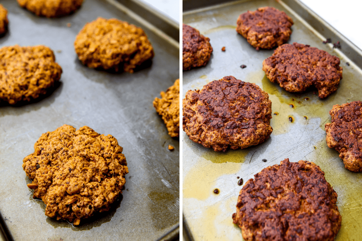Two images of vegan burger patties on a sheetpan before and after they have been cooked.