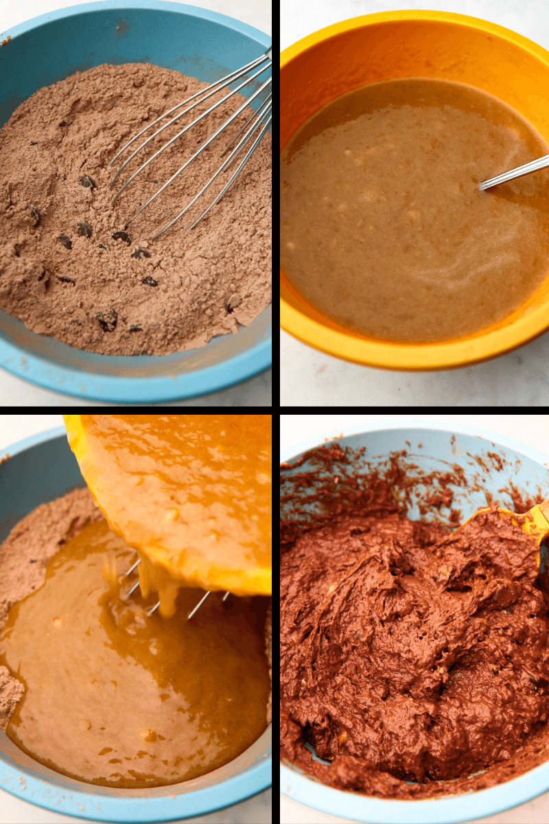 Acollage of 4 images showing the process steps of mixing the dry ingredients and wet ingredients and combining them to make vegan chocolate muffins.