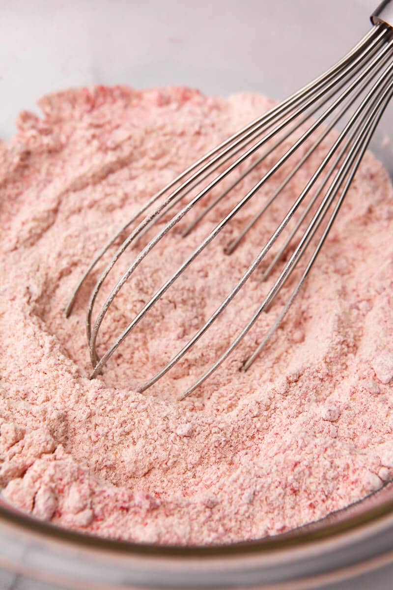 The dry ingredients for making strawberry cupcakes mixed together.