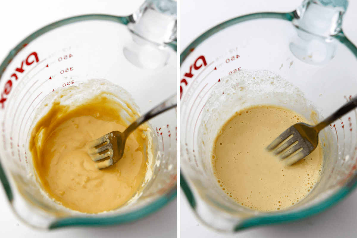 Two images showing a chickpea flour egg with a little water added and stiring unitl there are no lumps.