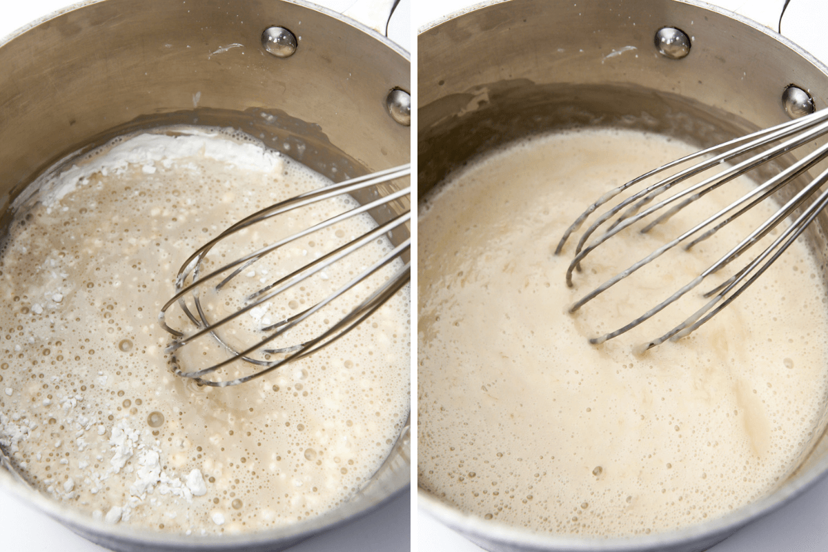 A saucepan with sugar, corn starch and milk showing how to add the plant based milk slowly to avoid lumps.
