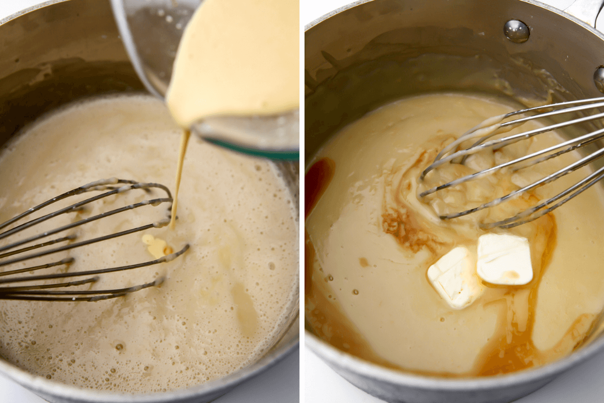 A collage of two images of adding the vegan egg to the custard and adding butter and vanilla at the end of cooking.