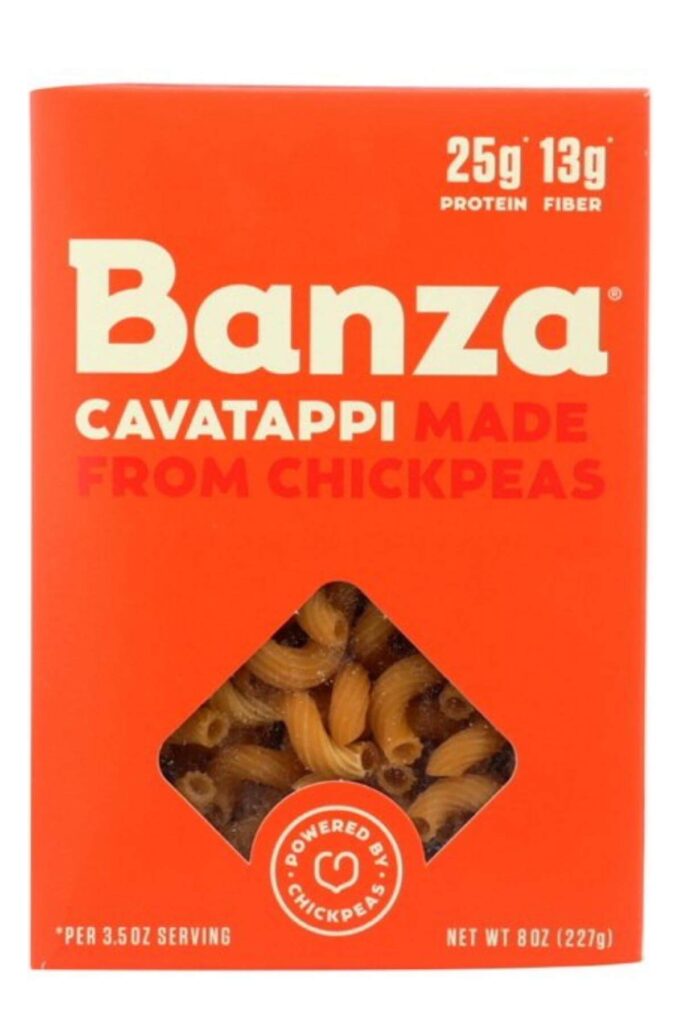 An orange box of Banza brand gluten free vegan chickpea pasta.