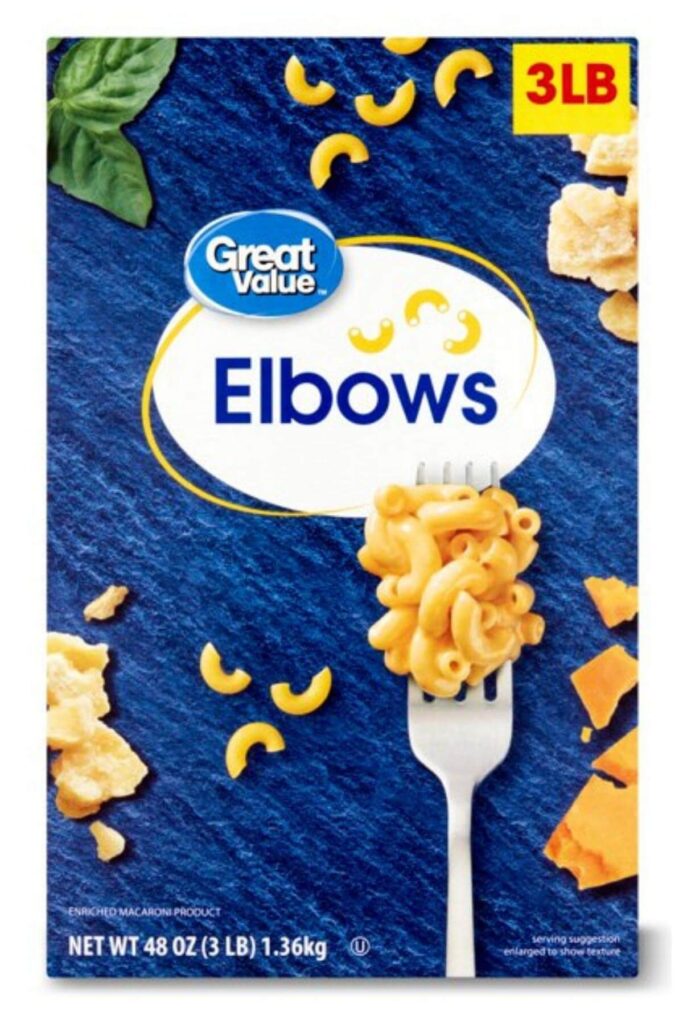Walmart's Great Value brand vegan pasta in the shape of maccaroni elbows.