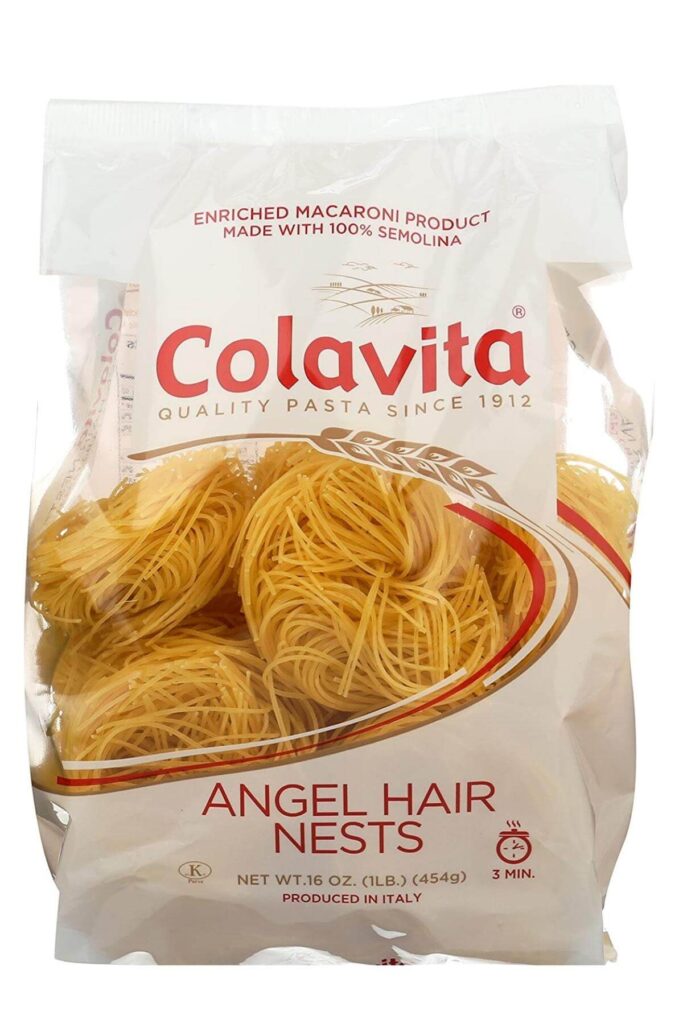 A bag of Colavita brand angel hair nest pasta that is vegan.
