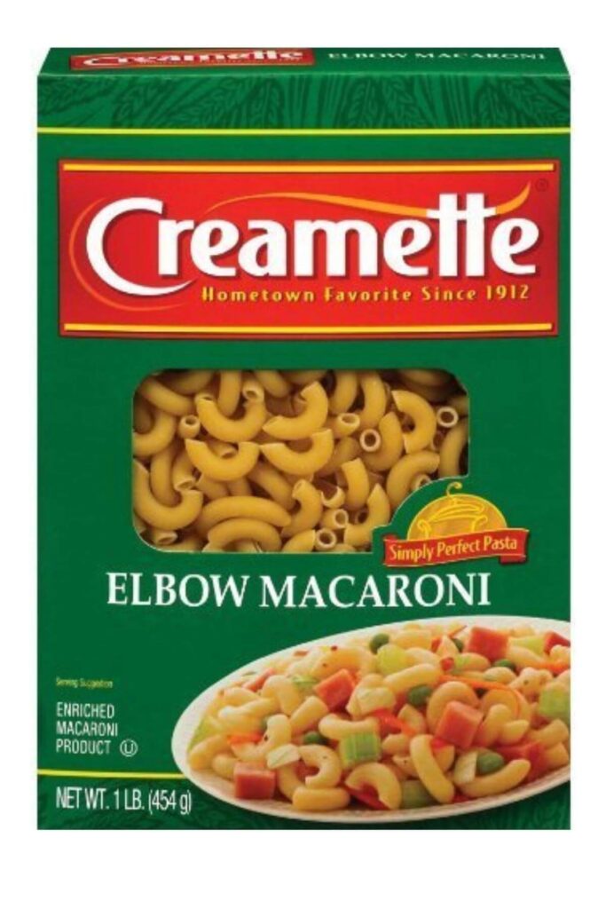 A box of Creamette brand elbow macaroni that is vegan.