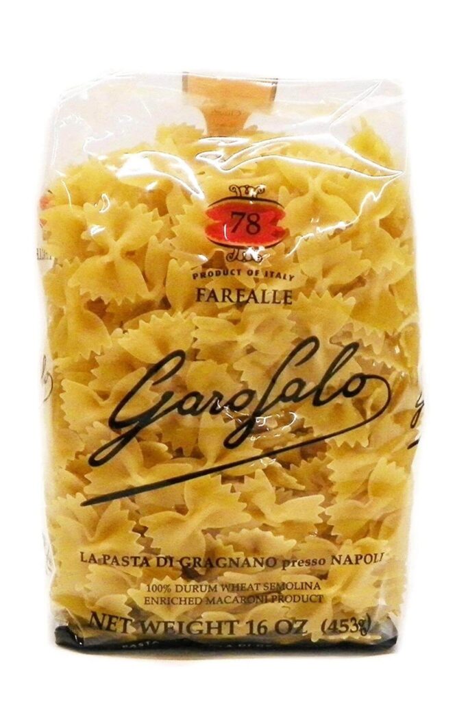 A bag of Garojalo brand bowtie pasta that is vegan.