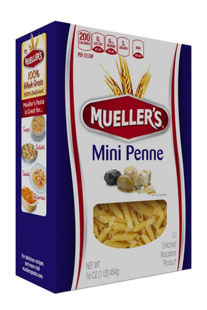 A box of Muellers brand pasta that is vegan in mini pene shape.