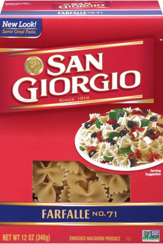 A box of San Giorgio bowtie pasta that is vegan.
