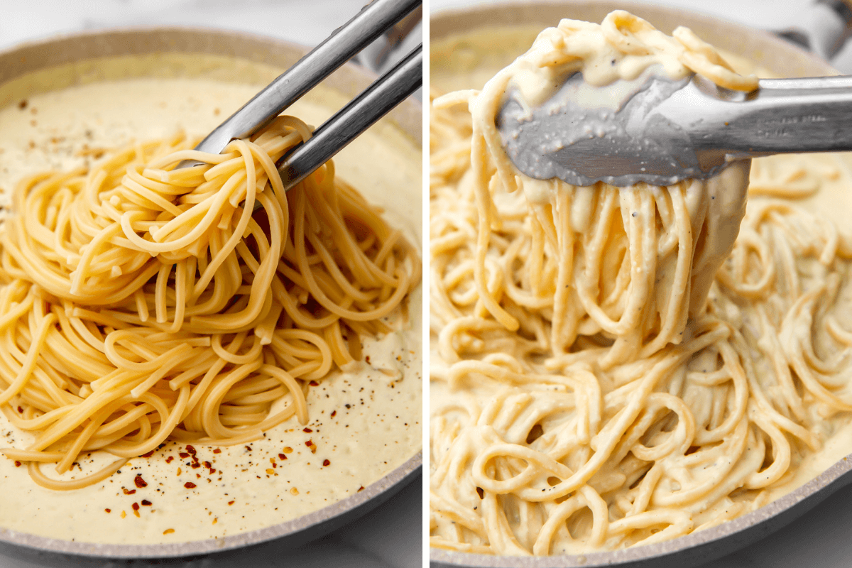 A collage of two images showing mixing cooked pasta in with silken tofu pasta sauce.