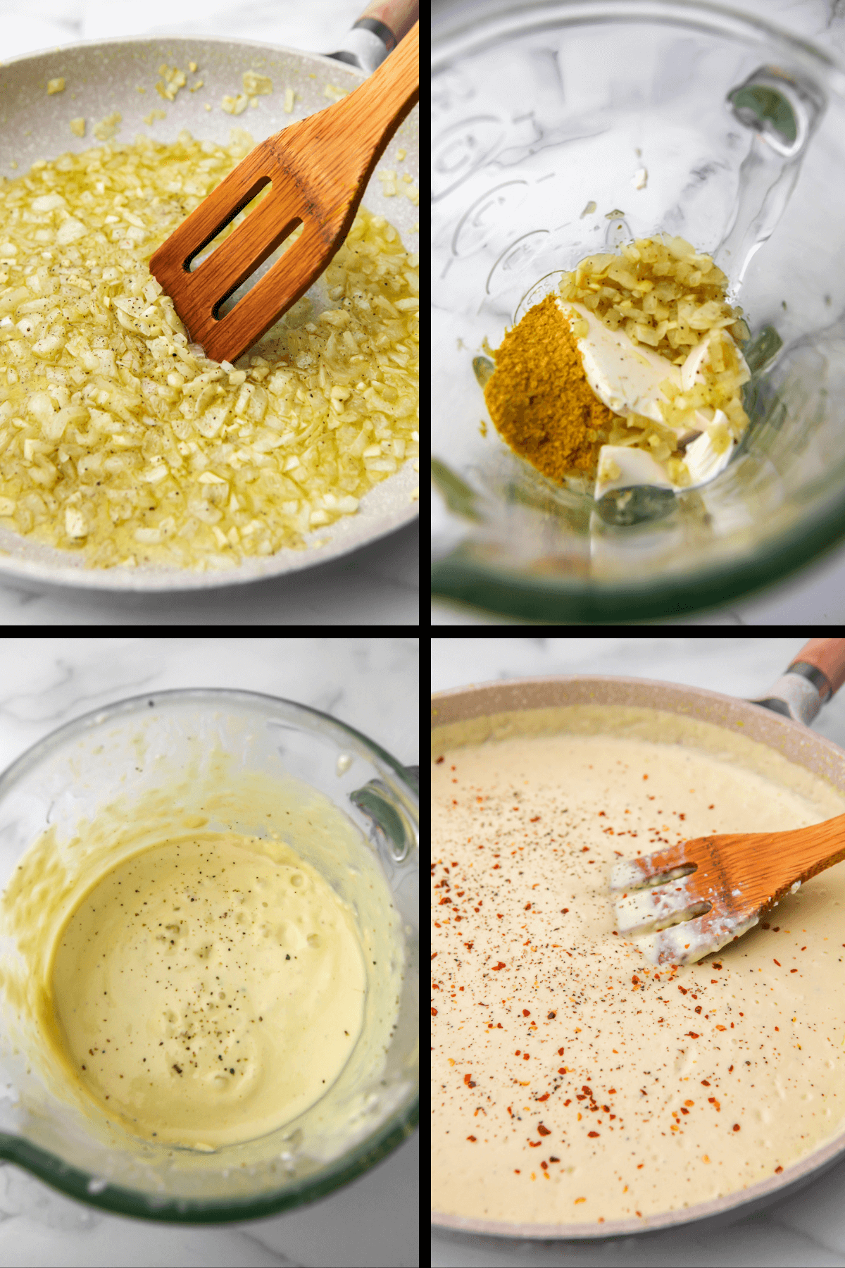 A collage of 4 images showing sauting onion and garlic then adding it to silken tofu and blendin it to make a creamy pasta sauce.