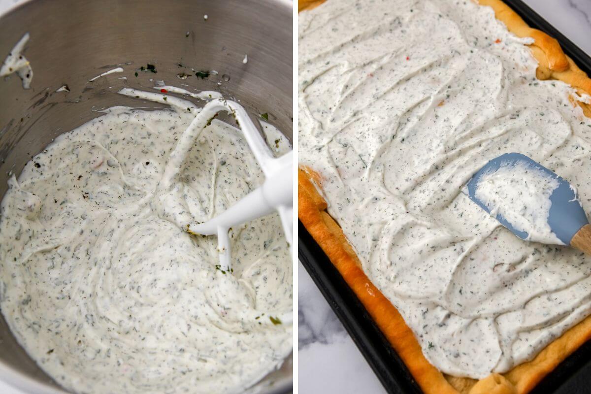 A collage of 2 images showing mixing the cream cheese and herb mixtue and then spreading on a pre-baked crust.