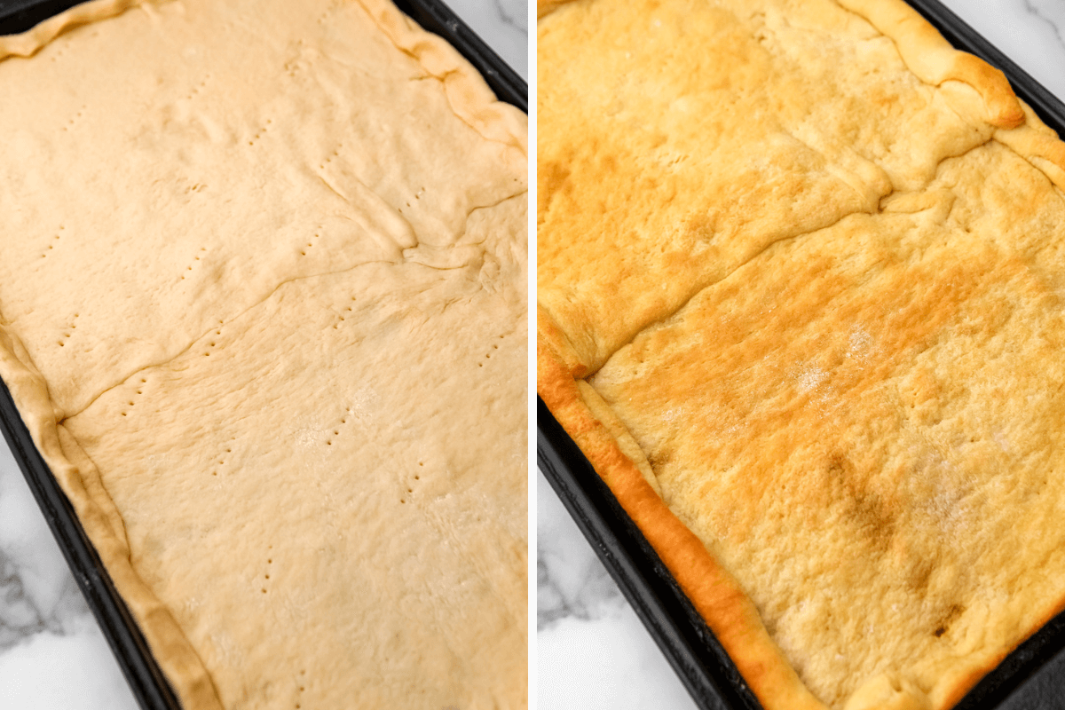 A collage of 2 images showing using crescent dough as pizza dough before and after baking.