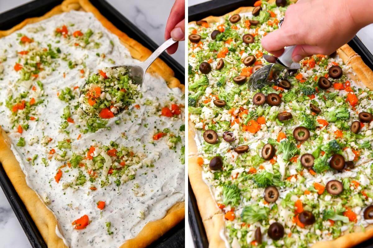 A collage of 2 images showing sprinkling the top of the cream cheese pizza with chopped veggies then cutting it into squares.