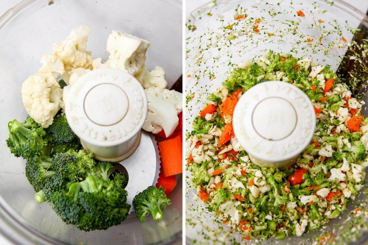 Two images showing veggies in a food processor before and after chopping.