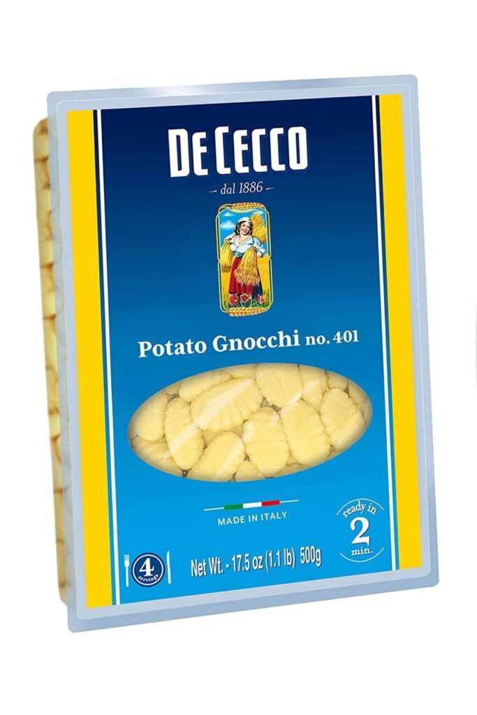 A package of De Checco gnocchi with in a blue container.