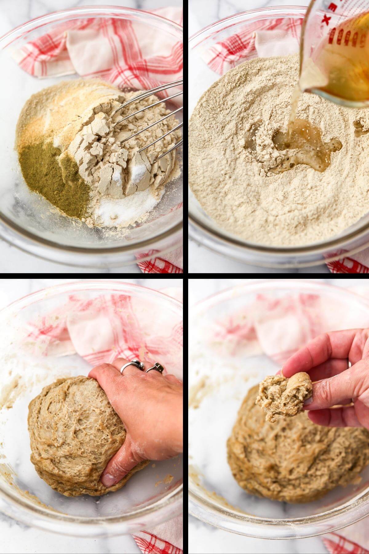 A collage of 4 images showing the process of making a simple easy seitan dough.