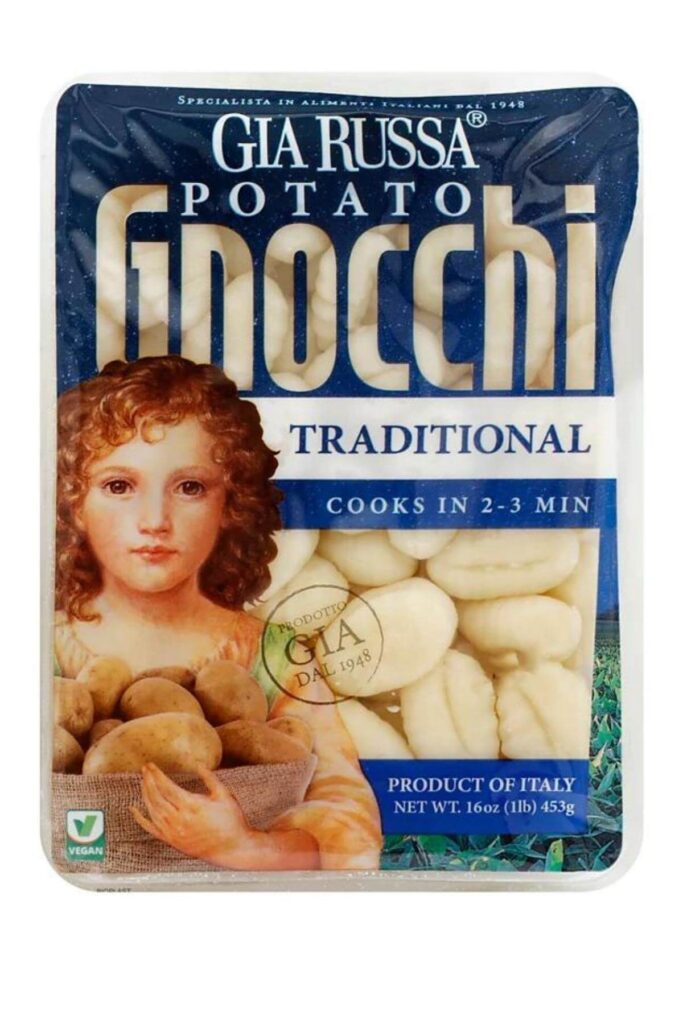 A package of gia russa gnocchi with a vegan symbol on the frount.
