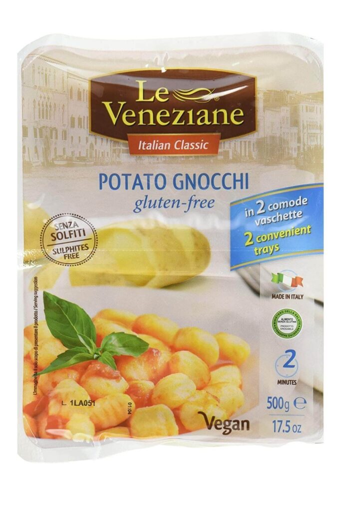 A package of le venezine gnocchi with a vegan symbol on the package.