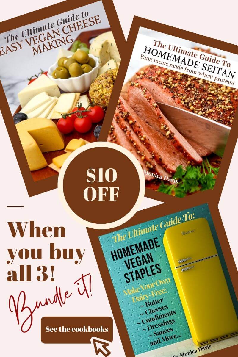 An image showing 3 vegan cookbooks bundled together gets $10 off.