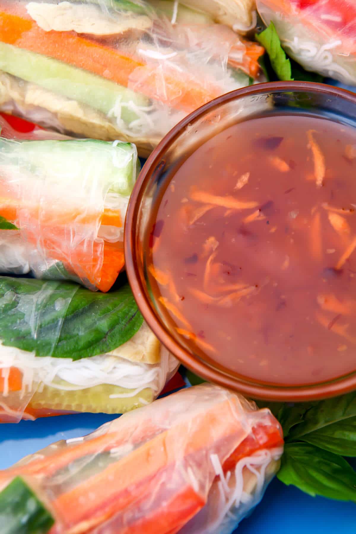 A top view of a bowl of sweet Thai chili dipping sauce next to summer rolls.