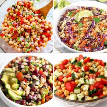 A collage of 4 vegan bean salad recipes.