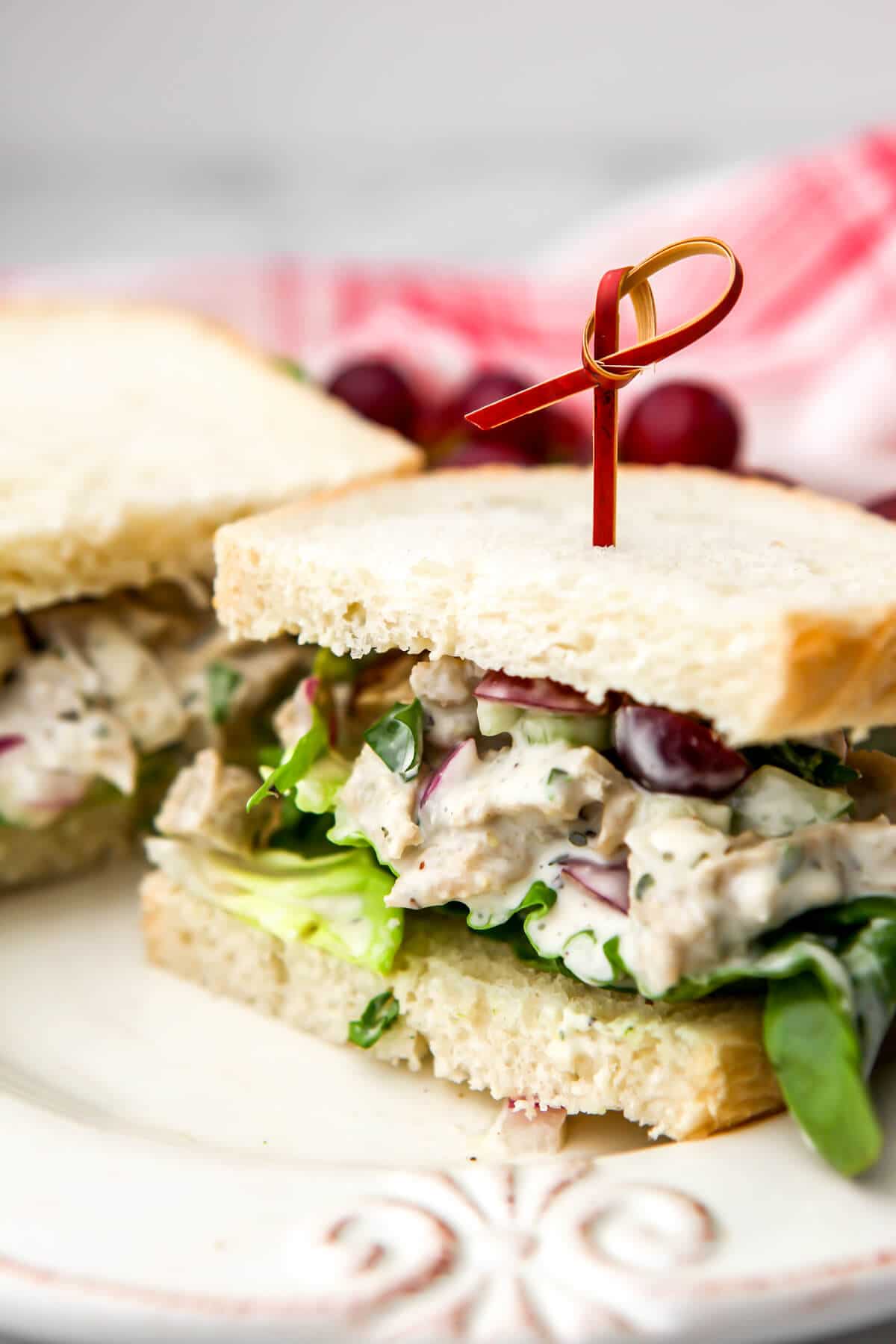 A vegan chicken salad sandwich made from easy chicken seitan.